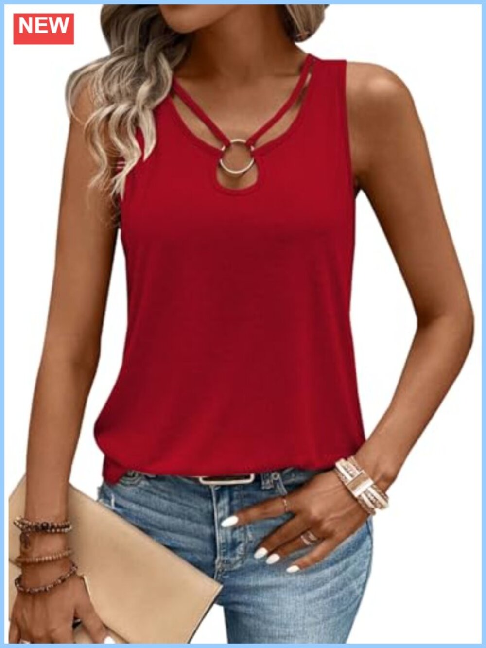 Knit Ribbed Tank Top Cut Out Ring Keyhole Sleeveless Shirt